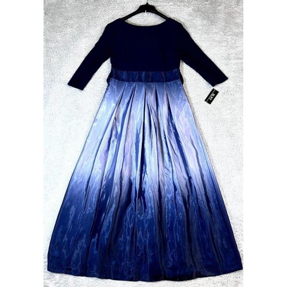 SLNY Women's Blue 3/4 Sleeve Ombre A-Line Pleated Gown Size 10 Petite